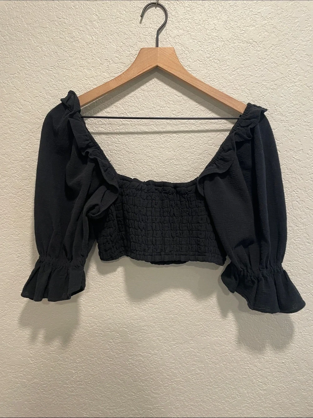 Free People Black Smocked Crop Top Size Small Puff Sleeve Cottagecore Boho
